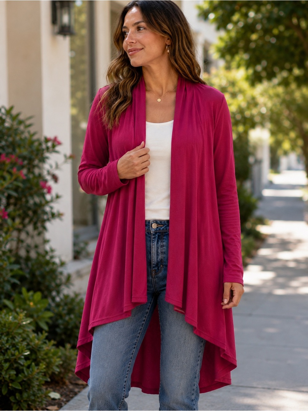 Azules Raspberry Waterfall Open Front Duster Cardigan Lightweight Long Sleeve S